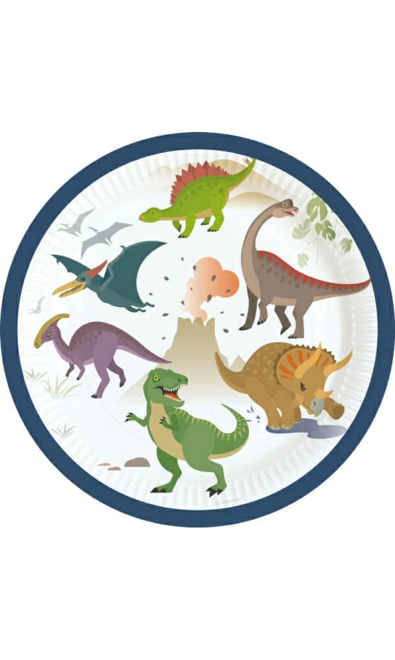 Happy Dinosaur Round Paper Plates 18cm - 8pk