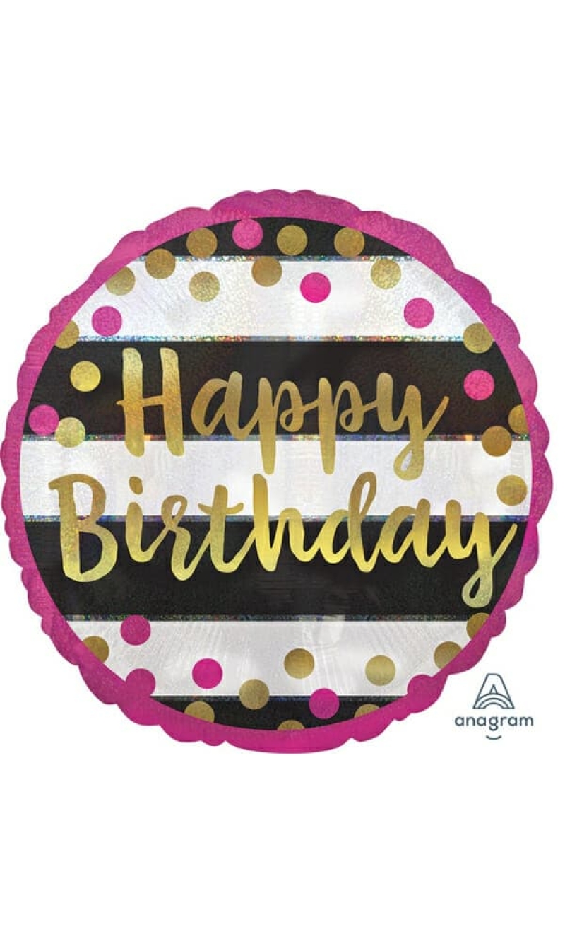 Holographic Pink & GoldHappy Birthday Foil Balloon - 17"/43cm