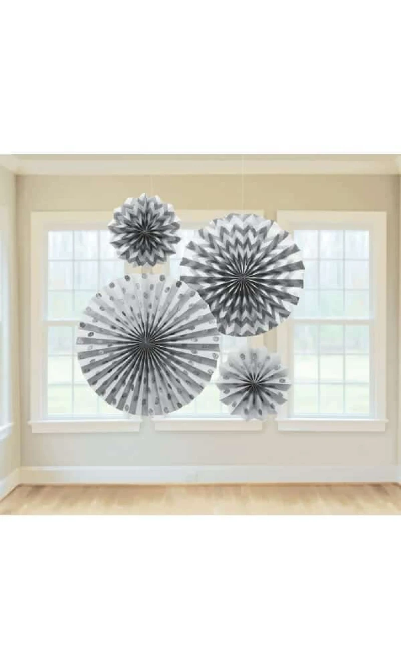 Fan Decorations Glitter Silver Paper 20.3 cm / 30.4 cm / 40.6 cm - 4pk