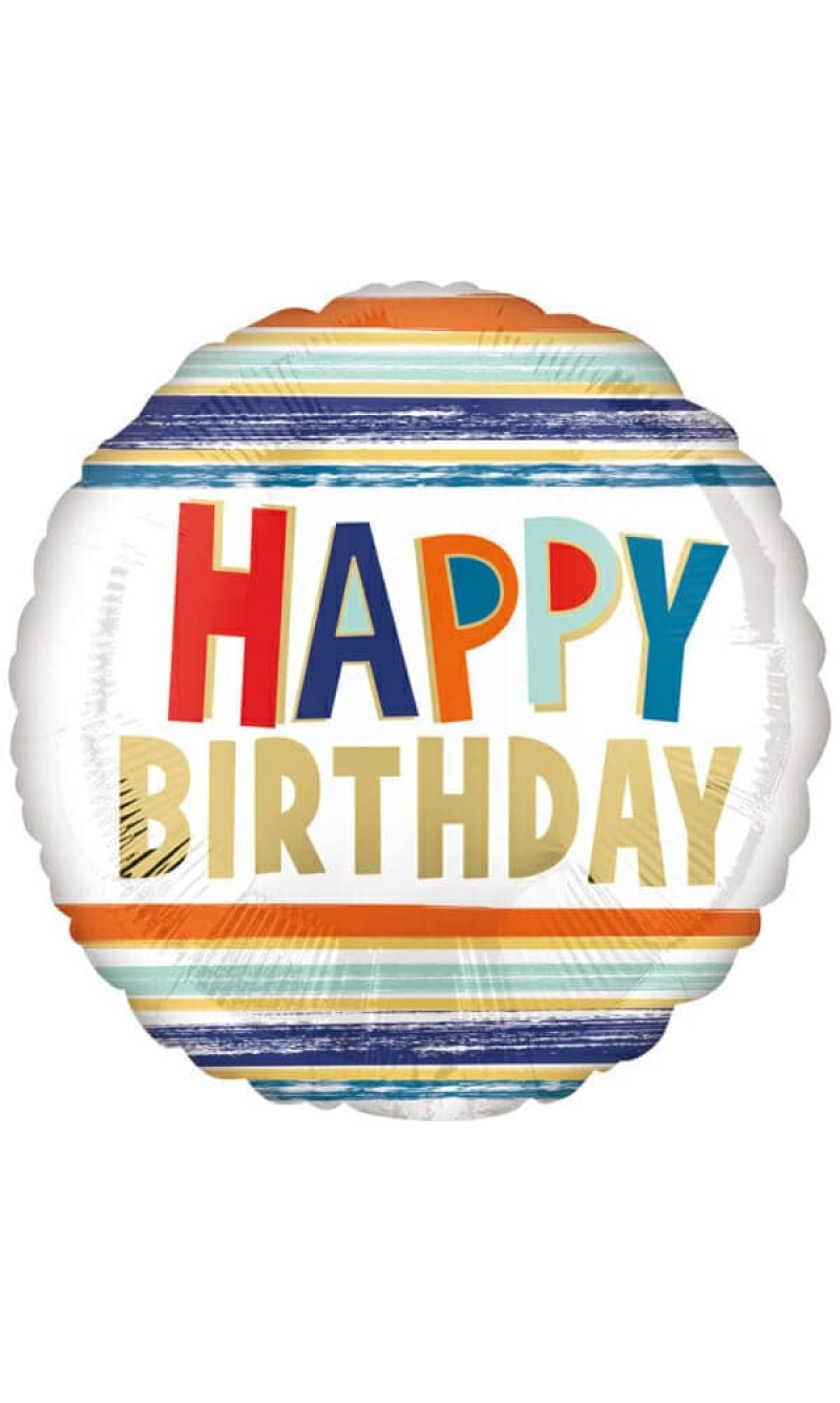 Happy Birthday Letters & Stripes Foil Balloon - 18"/46cm