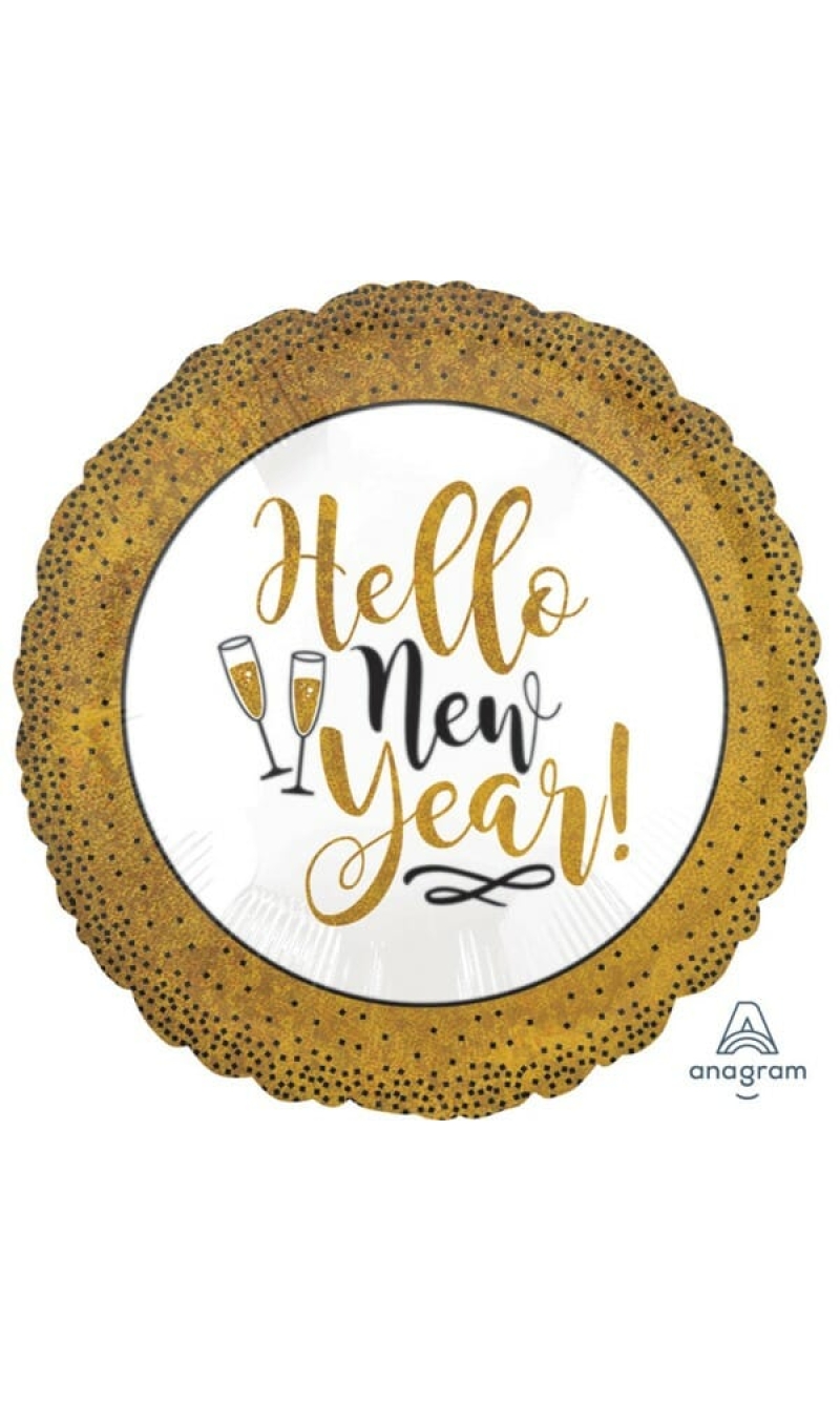 Gold Glitter Hello New Year Foil Balloon - 18" (45cm)