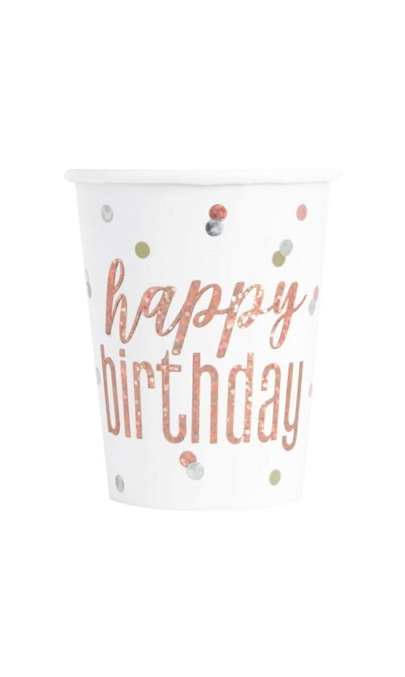 Happy Birthday Rose Gold Glitz 9oz Cups - 8pk