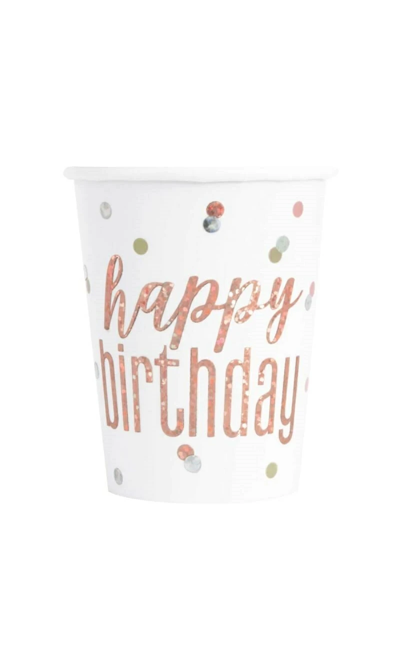 Happy Birthday Rose Gold Glitz 9oz Cups - 8pk