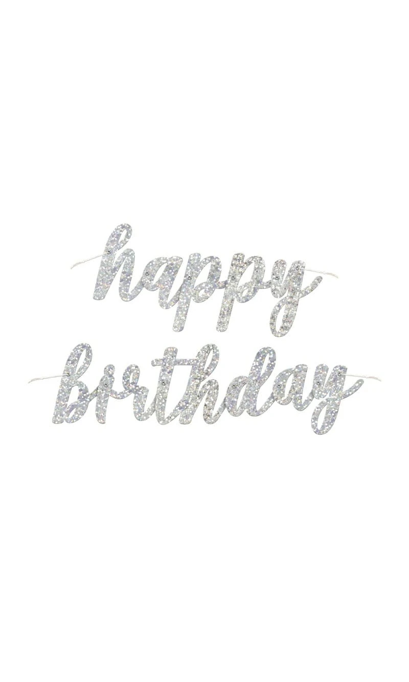 Black & Silver Glitz Script "Happy Birthday" Banner