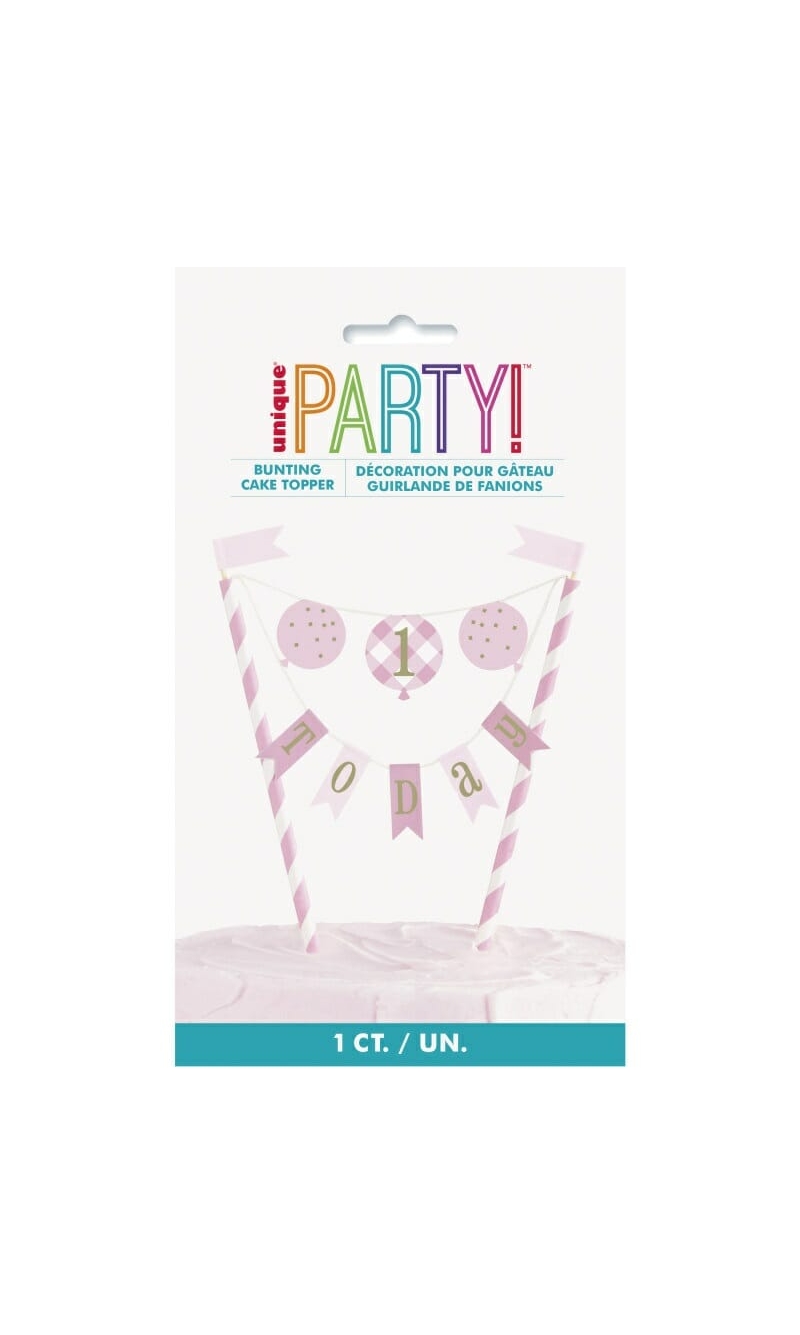 Pink Gingham 1st Birthday Bunting Cake Topper