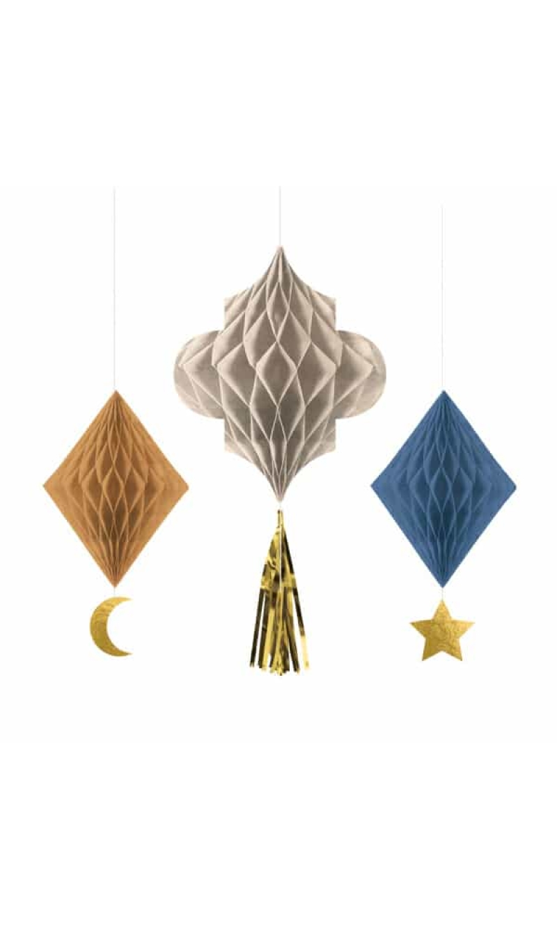 Eid Ramadan Hanging Decoration (Honeycomb with Tassel) - 3pk