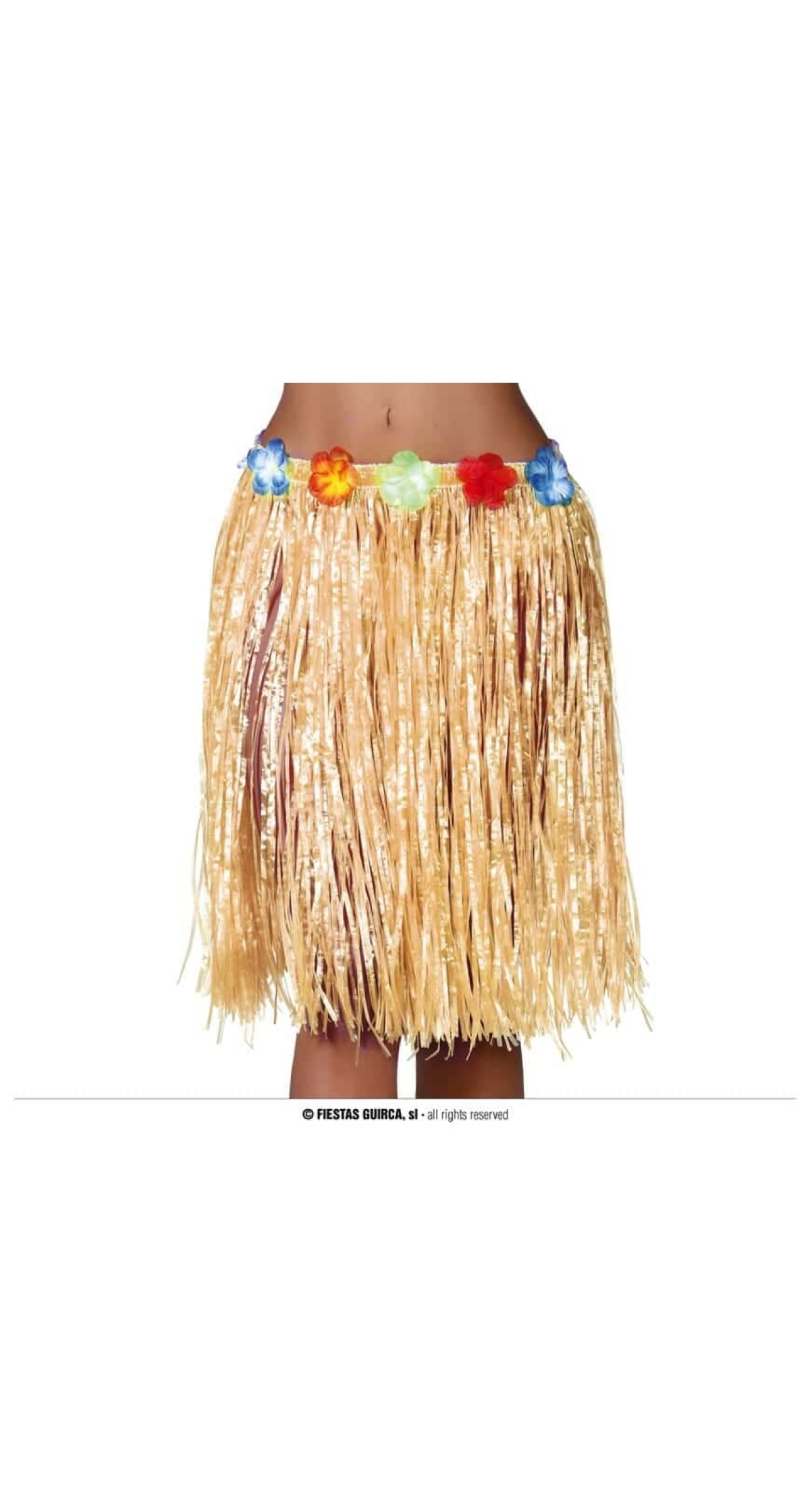 Hawaiian Skirt With Flowers 55cm - Straw