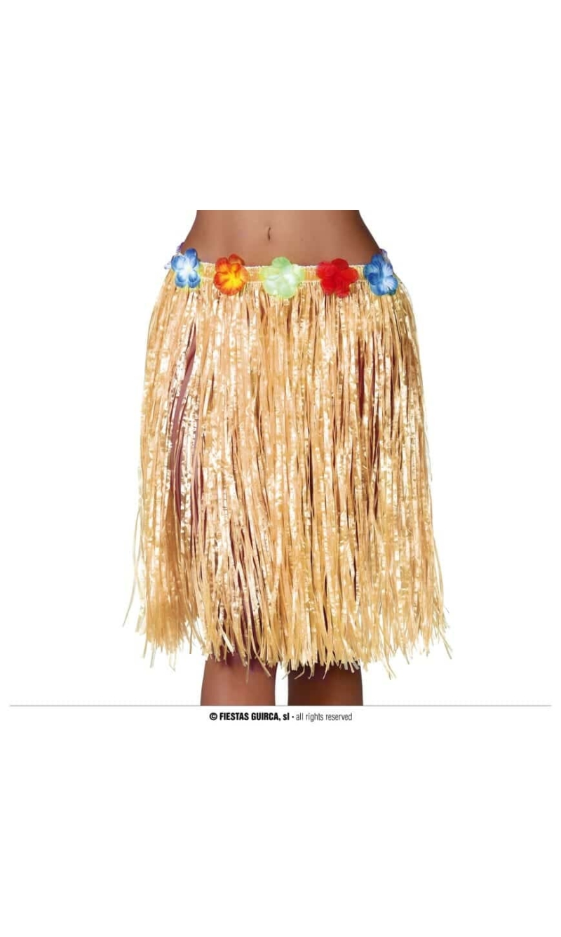 Hawaiian Skirt With Flowers 55cm - Straw