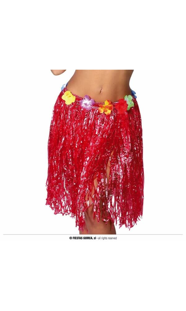 Hawaiian Skirt With Flowers 55cm - Red