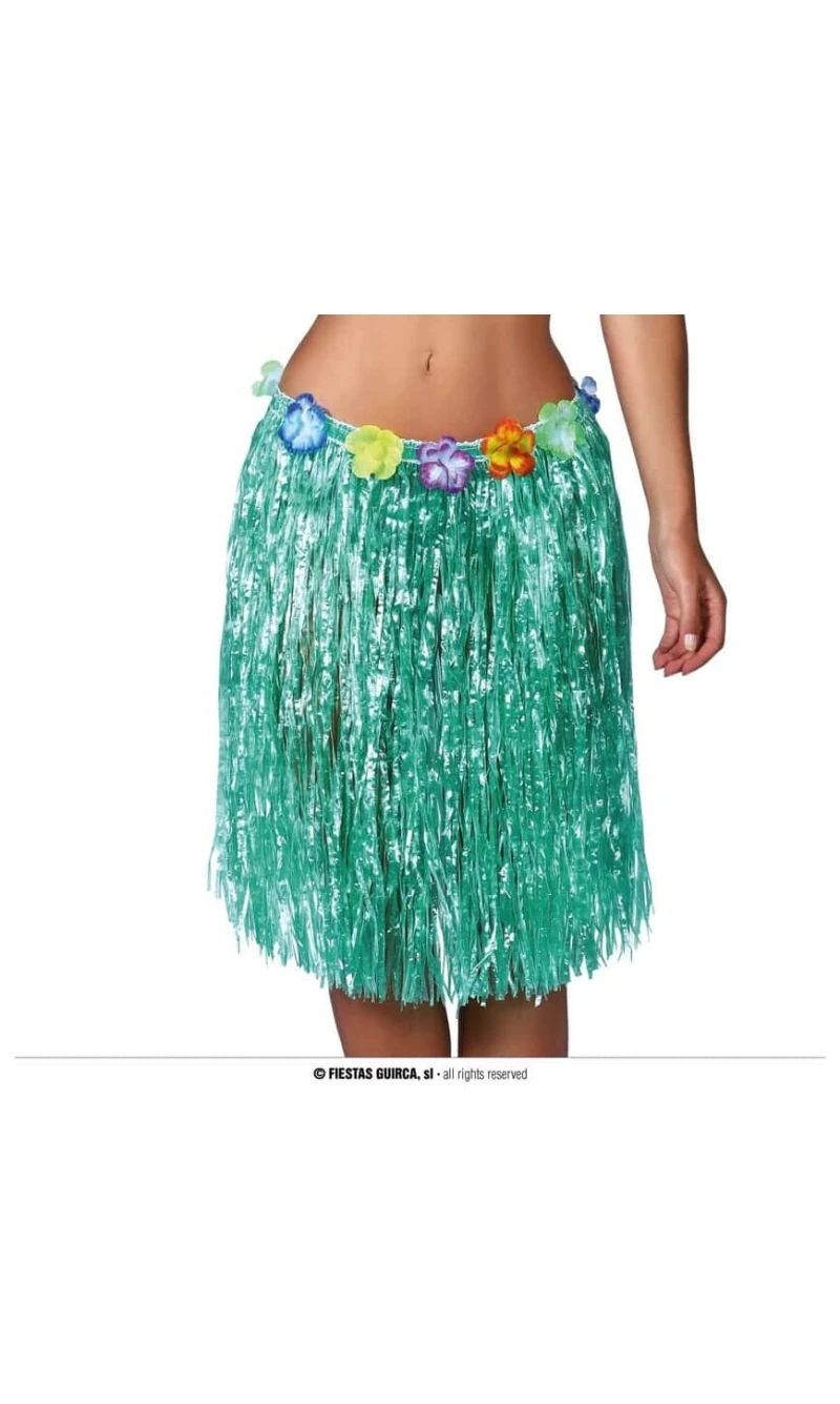 Hawaiian Skirt With Flowers 55cm - Green