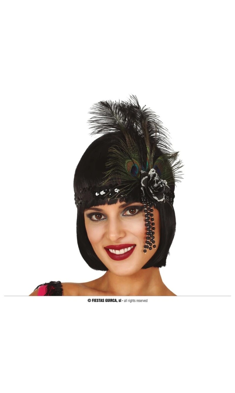 Charleston Black Sequins Headband with Feathers