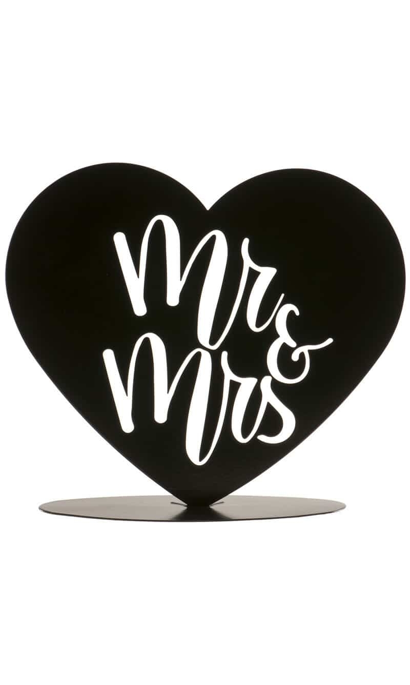 Metallic Balck Wedding Cake Topper Mr & Mrs Heart - 14.5cm