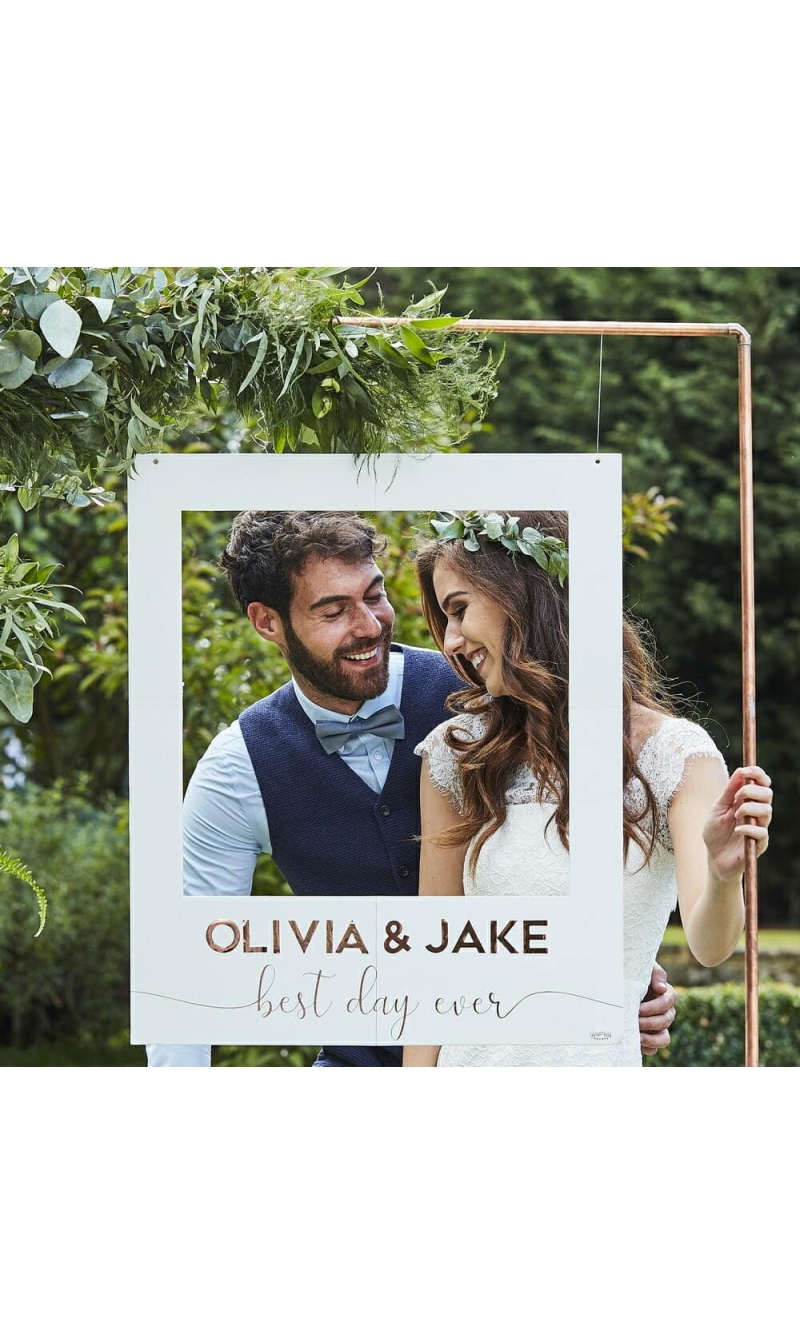 White And Rose Gold Personalised Wedding Photo Booth Frame