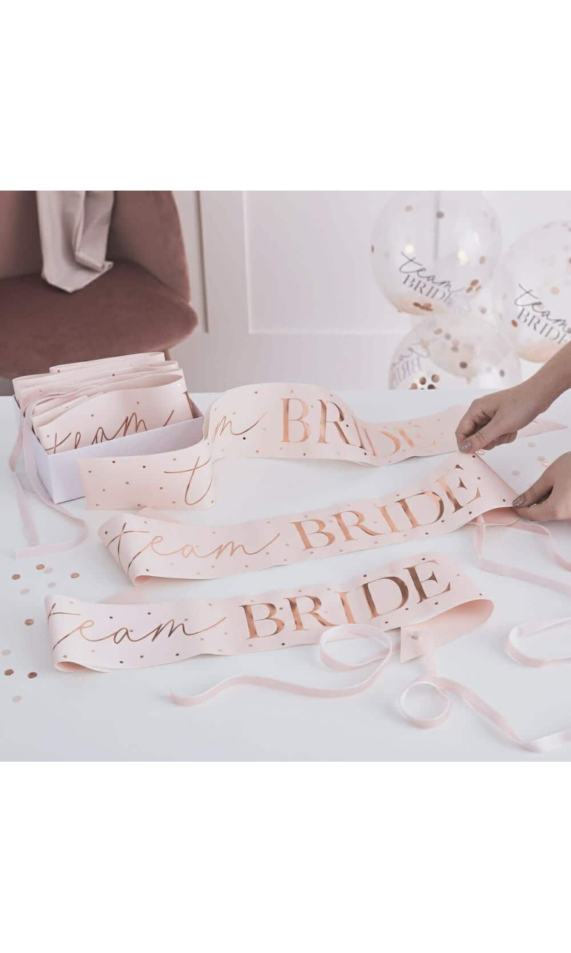 Pink and Rose Gold Team Bride Hen Party Sashes 6 Pack