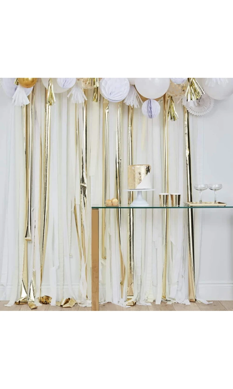 Gold Metallic Party Streamers Backdrop