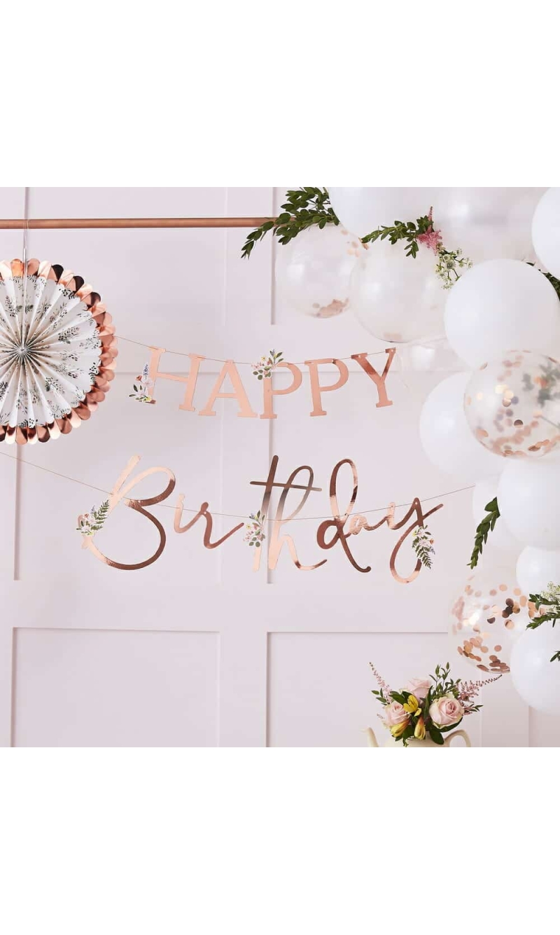 Floral Rose Gold Happy Birthday Banner