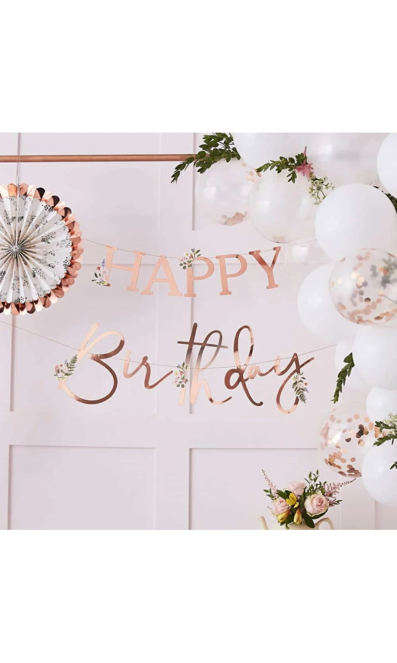 Floral Rose Gold Happy Birthday Banner