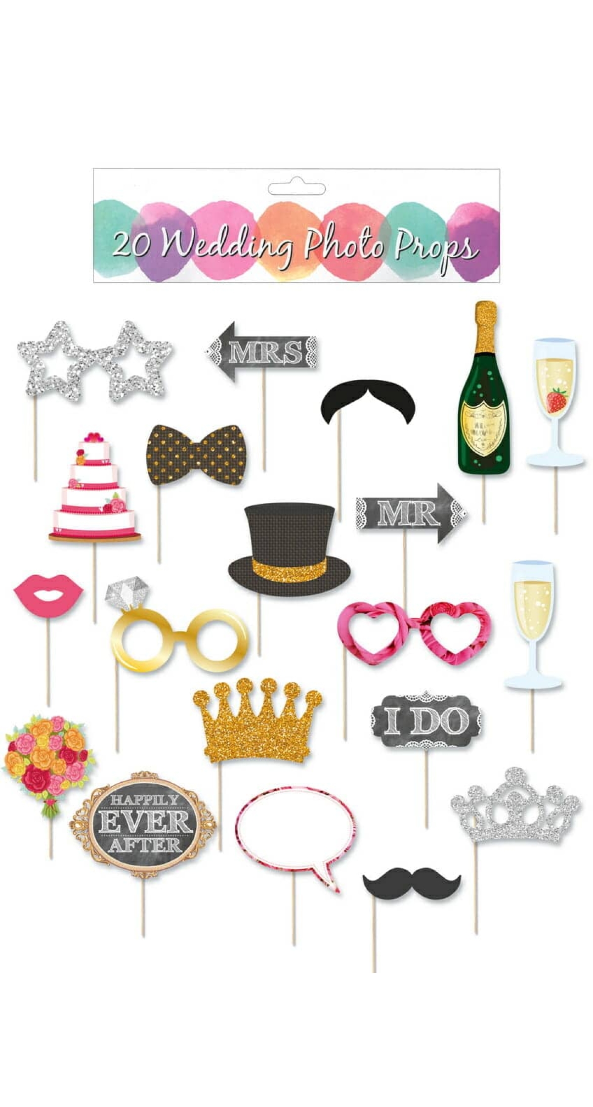 Wedding Photo Props (Assorted Designs) With Stick - 20pk