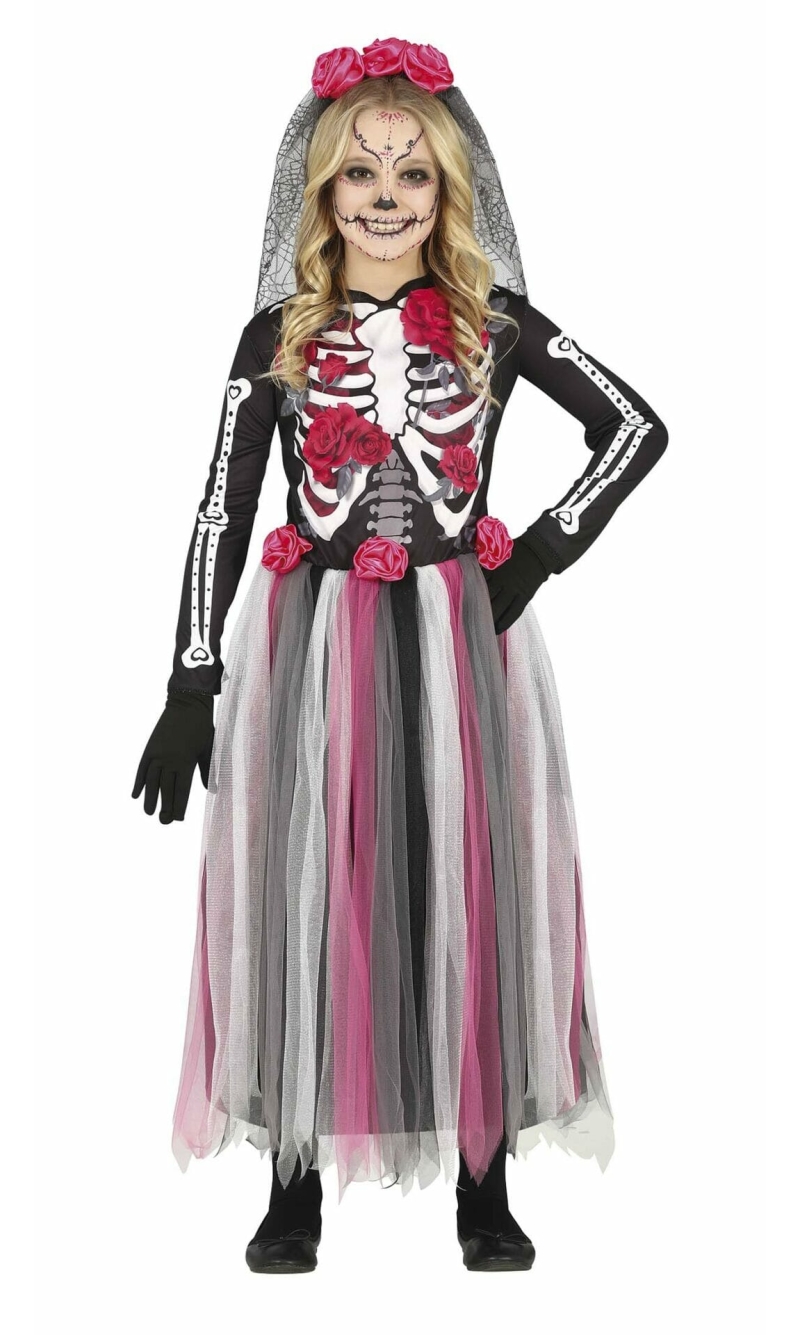 Pink Day of the Dead Girl with Flowers Headband - Age 5 to 6 Years