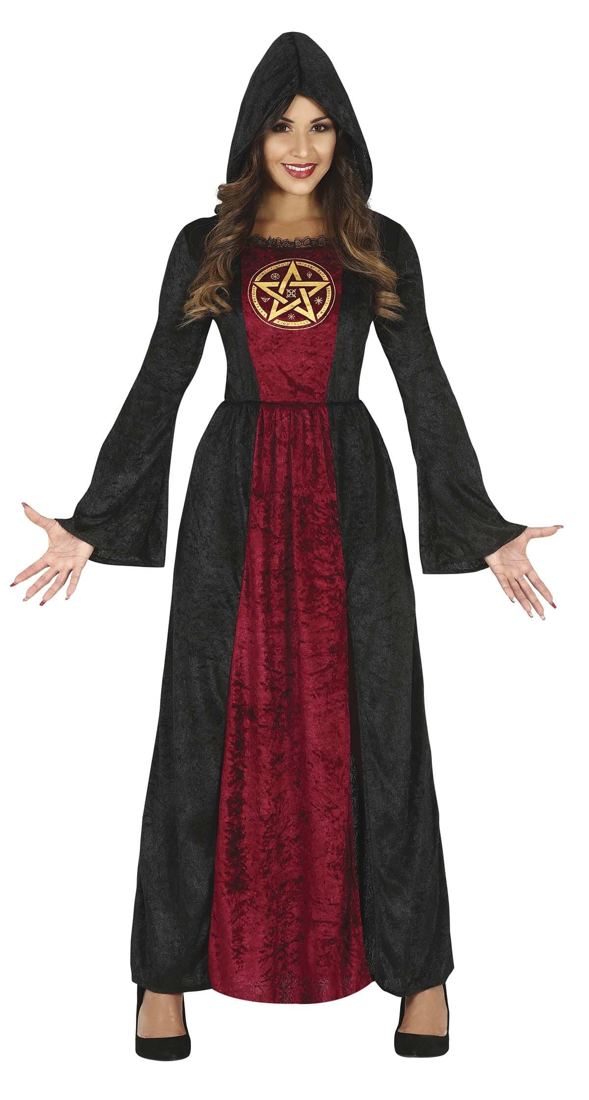 Satanic Priestess Lady Black & Red Hooded Dress - Adult Size Medium (10-12)