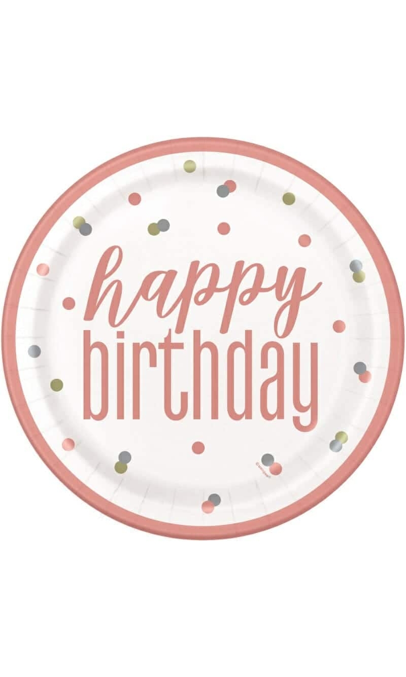 Glitz Rose Gold Birthday Round 9" Paper Plates - 8pk