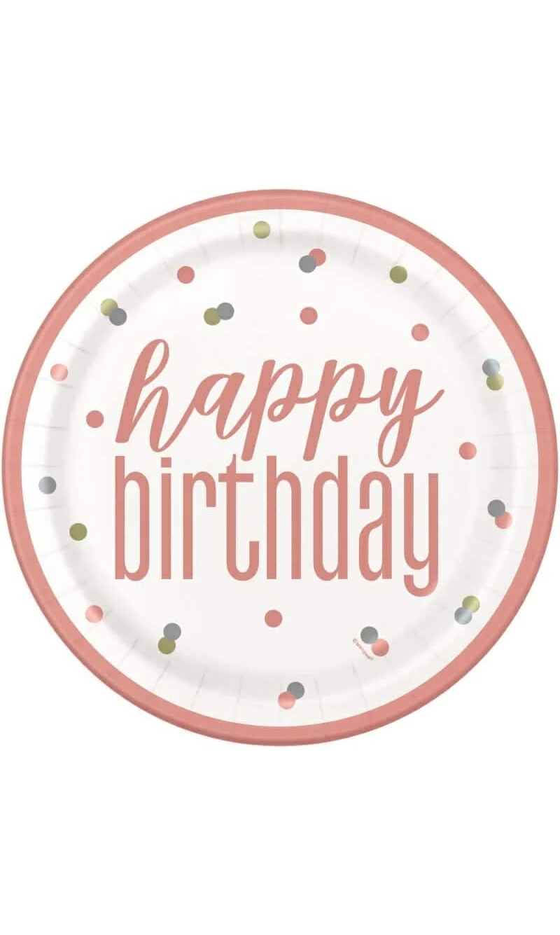 Glitz Rose Gold Birthday Round 9" Paper Plates - 8pk