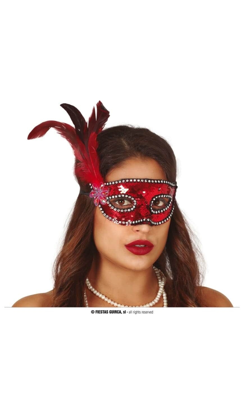 Red Sequin Mask With Feather