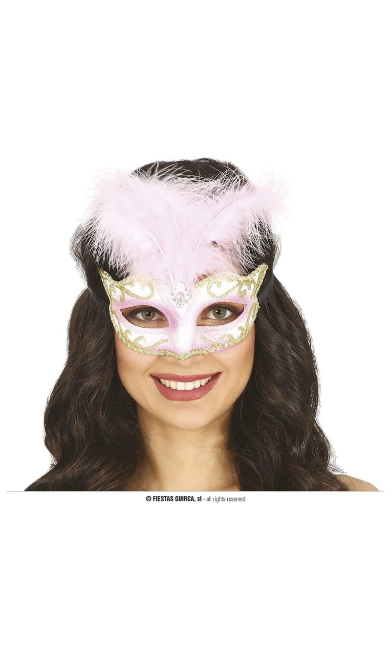 Pink Venetian Mask With Feather