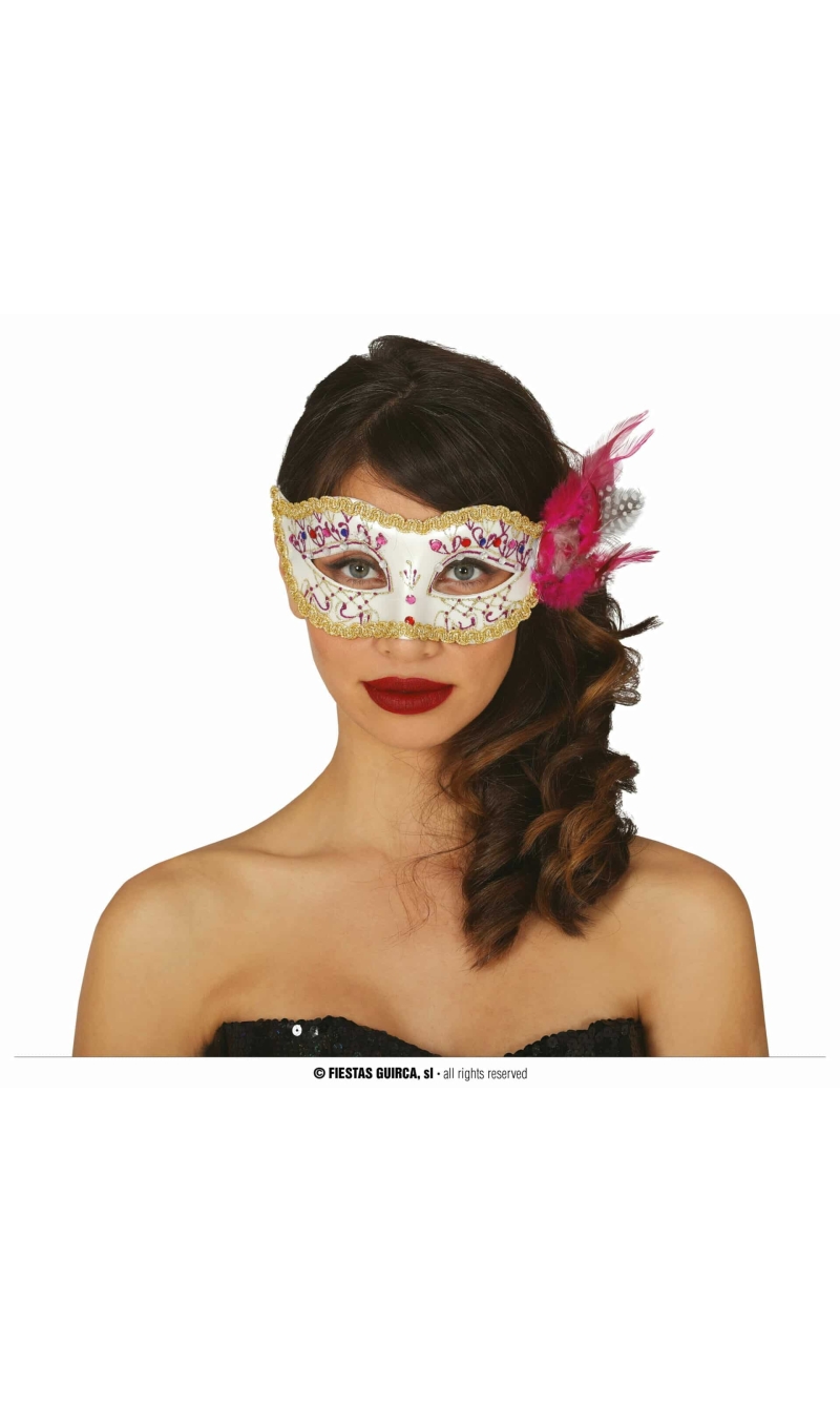 White With Pink Feather Mask