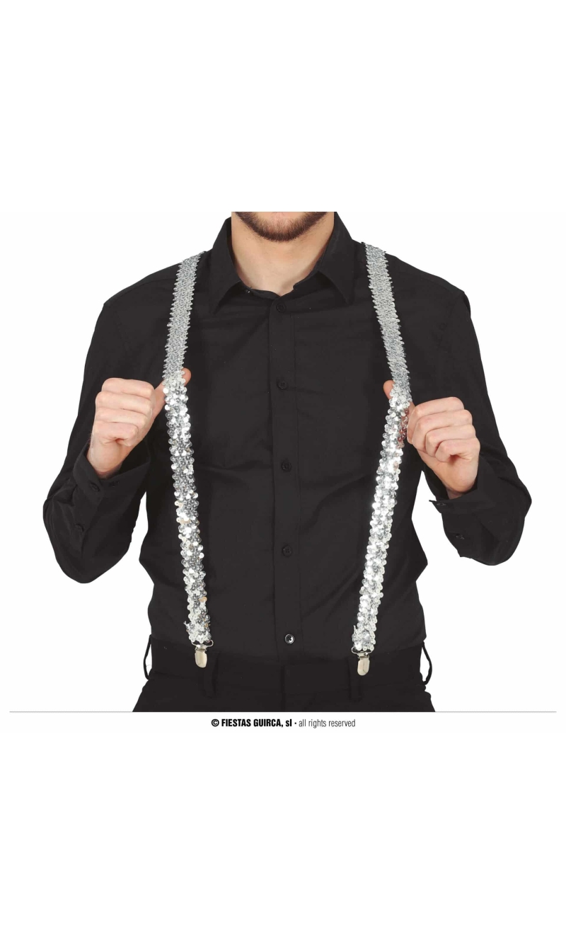 Suspenders Braces Silver Sequins - Adult One Size