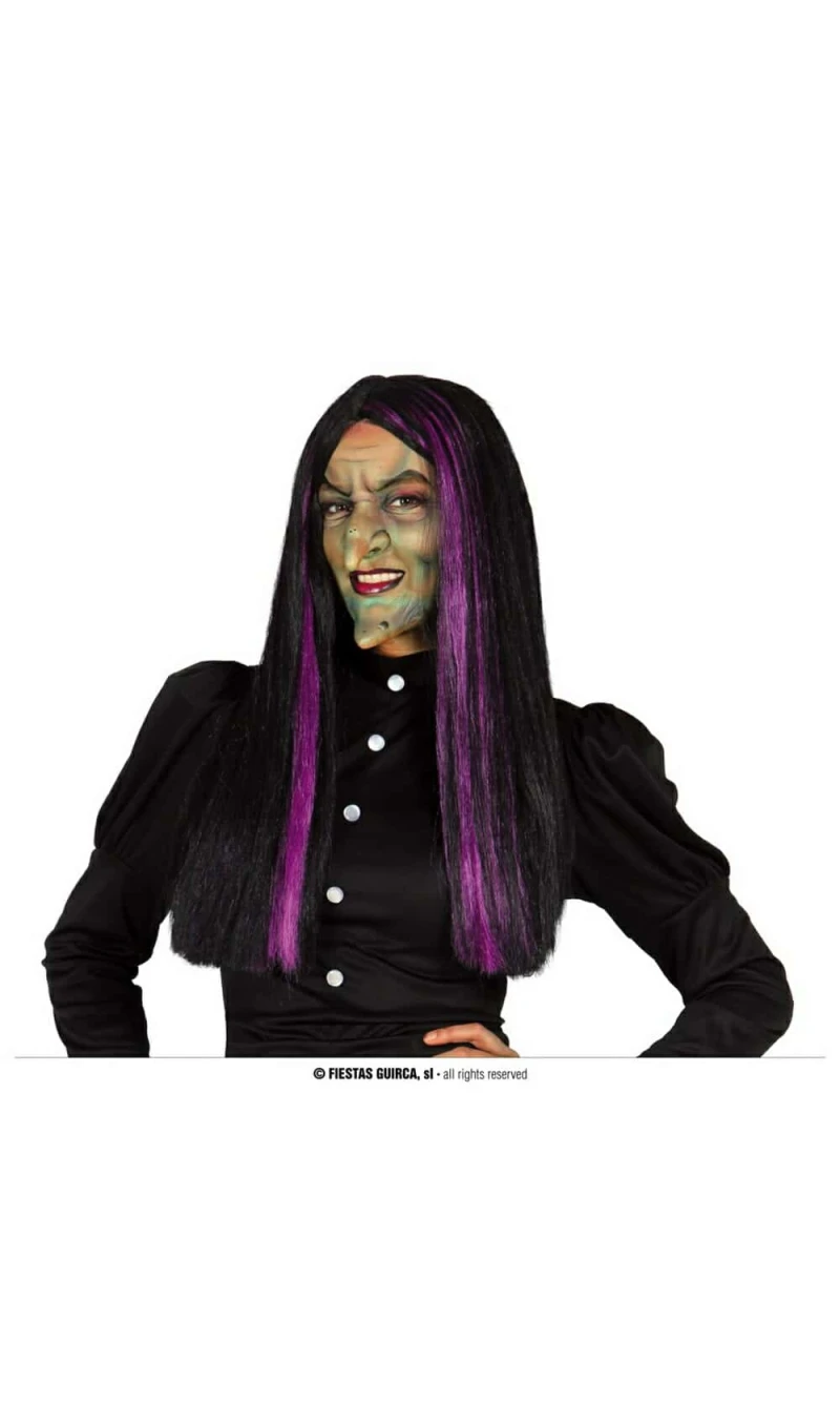 Black with Purple Lights Long Wig (Peluca Bruja) - Adult One size