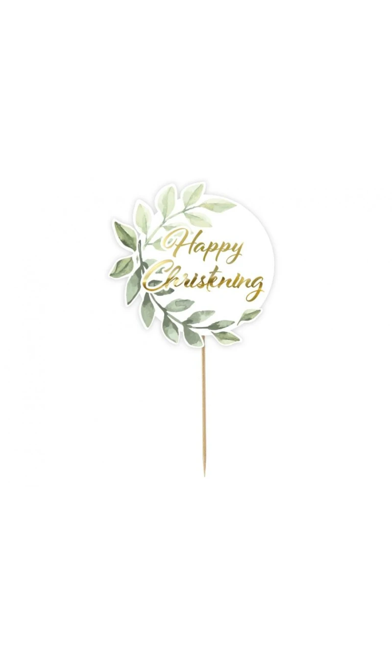 Cake Topper Happy Christening (Leaves) - 14cm