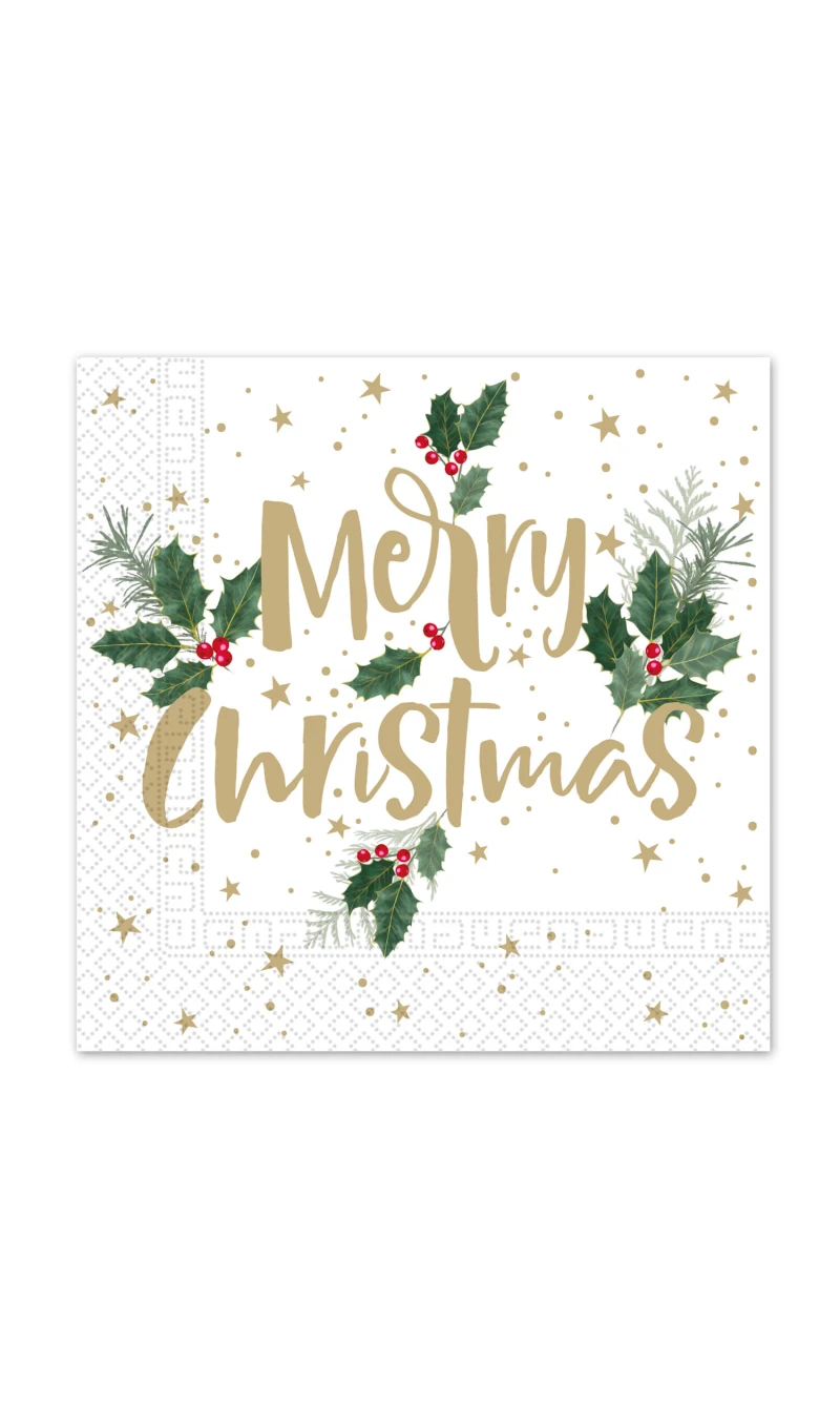 Christmas FSC 3-Ply Napkins 33x33cm Holly Merry - 20pk