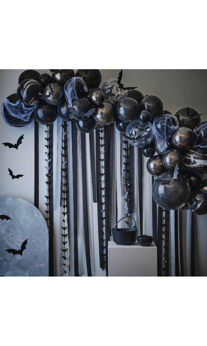 Halloween Balloon Arch Backdrop with Streamers, Cobwebs & Bats