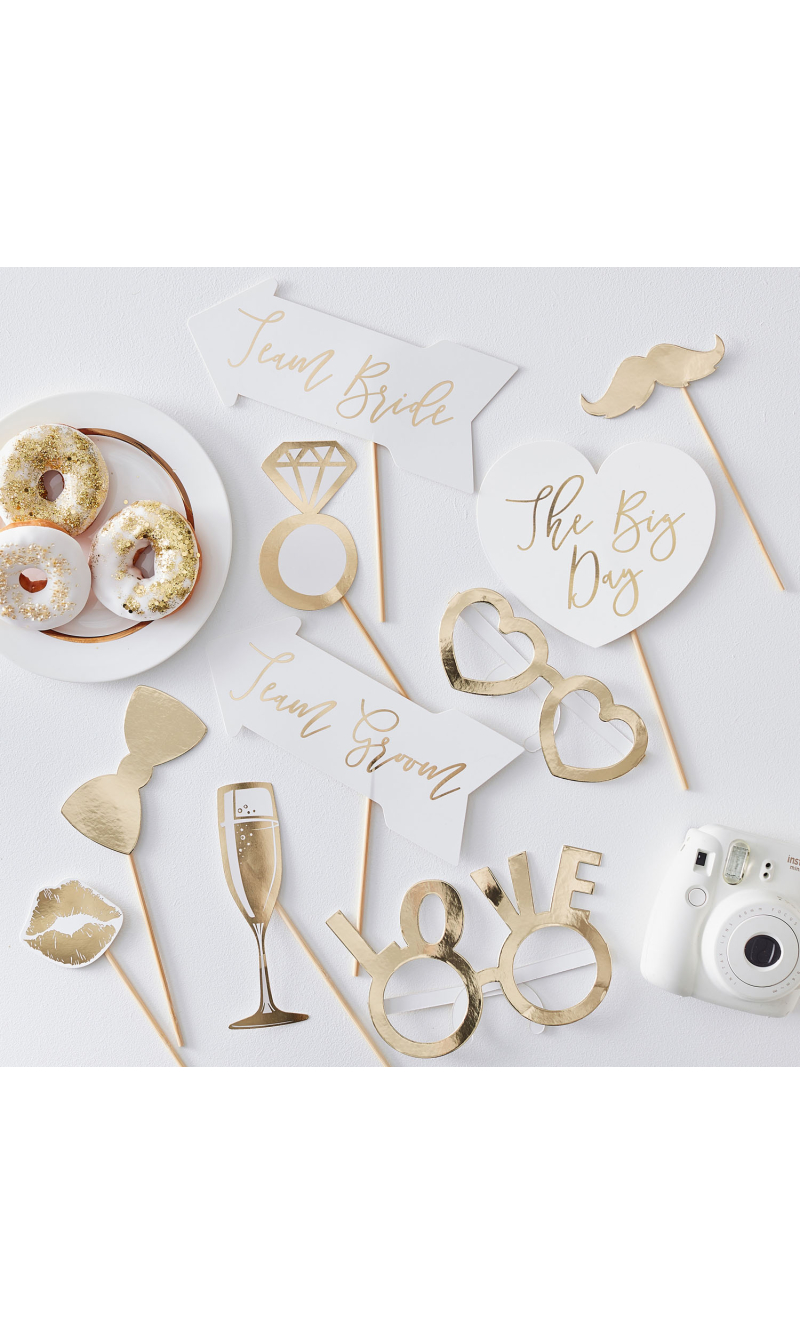 Gold Wedding Photo Booth Props - 10pk