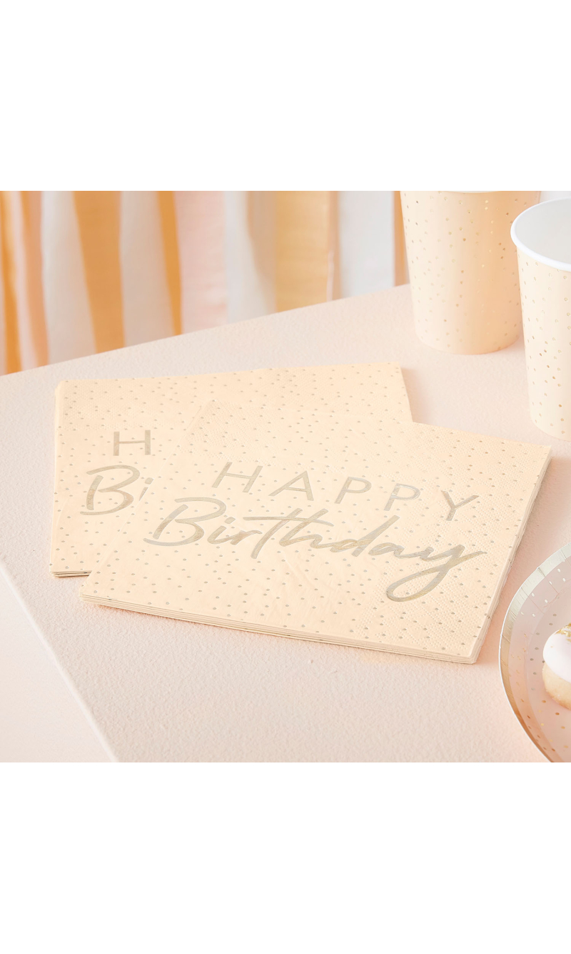 Peach & Gold Happy Birthday Paper Napkins - 16pk
