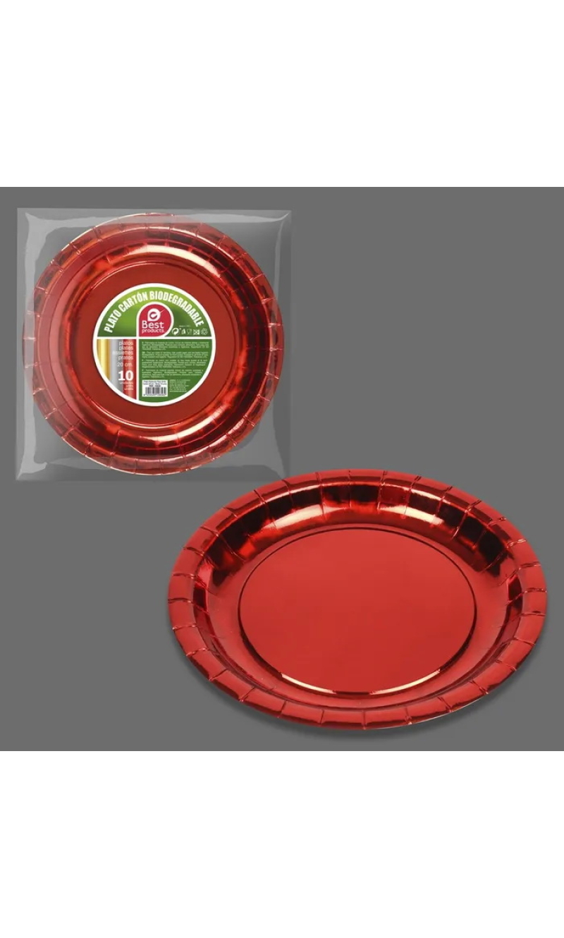 Metallic Red Round Paper Plates 20cm- 10pk