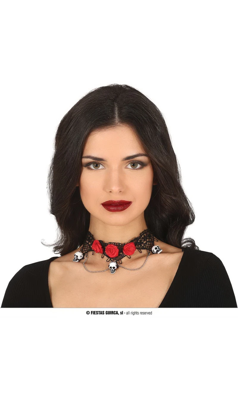 Halloween Choker With Skulls & Roses 