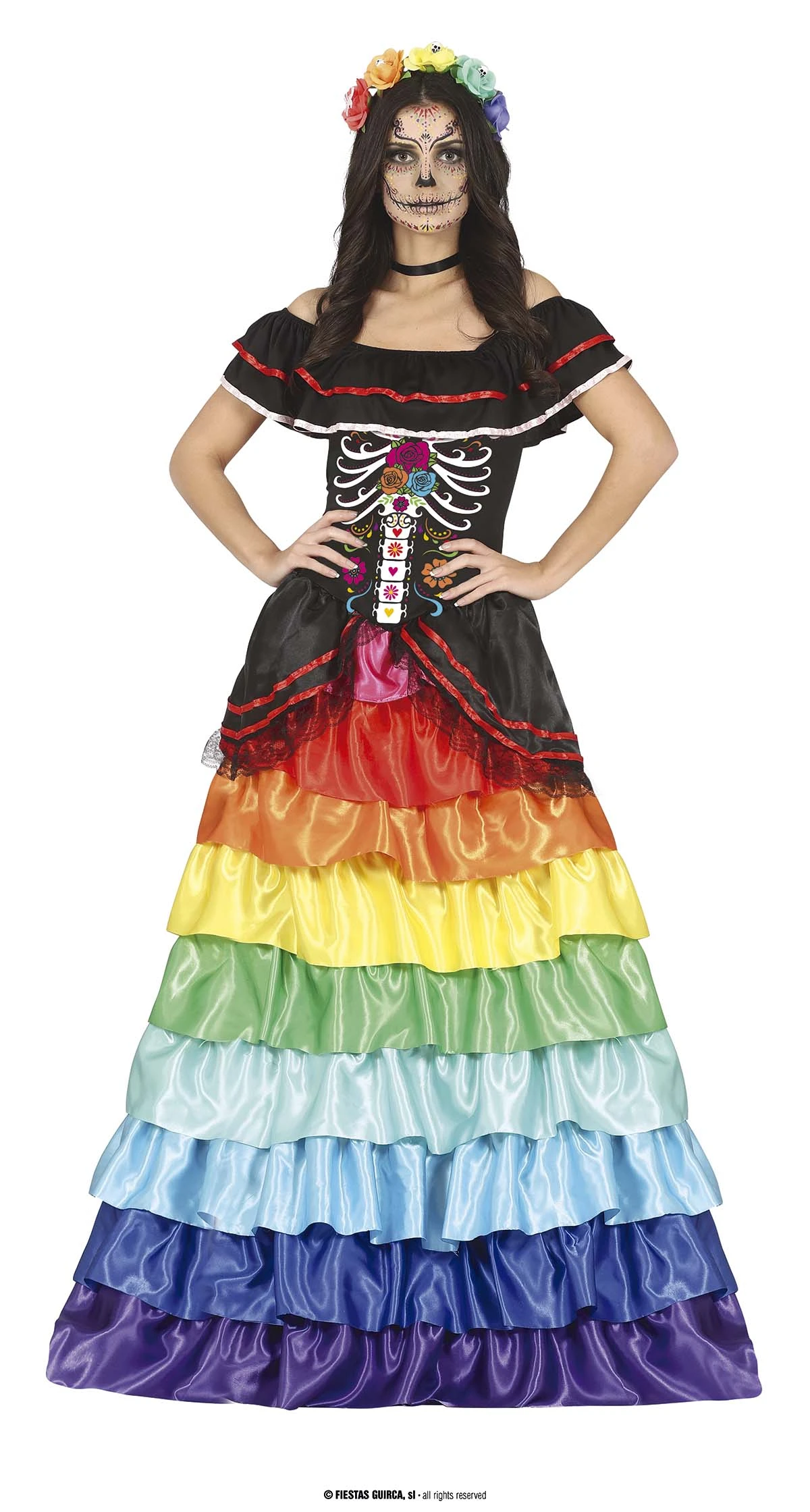 Day of the Dead Lady with Rainbow Ruffles - Adult Size Small (8-10)