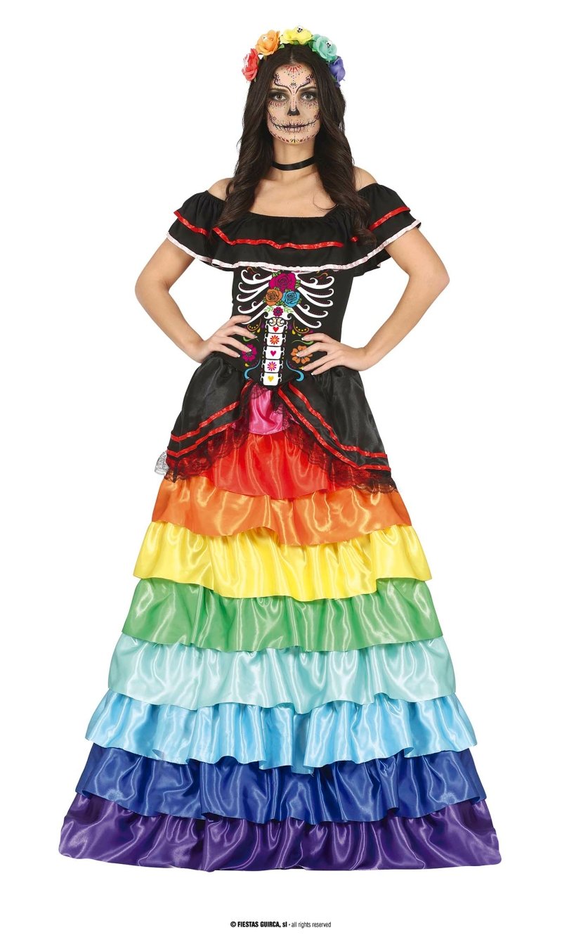 Day of the Dead Lady with Rainbow Ruffles - Adult Size Medium (10-12)