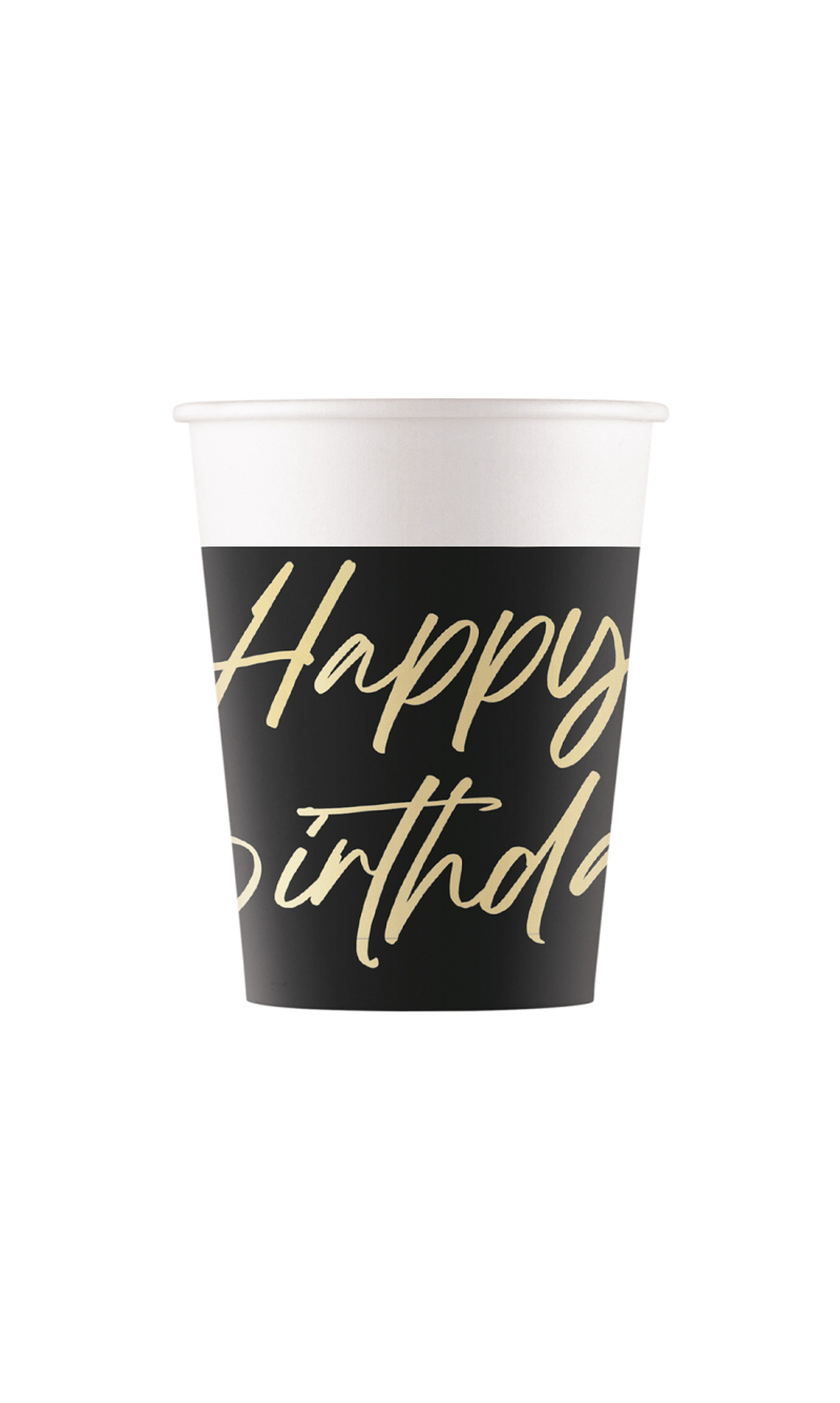 Elegant Happy Birthday FSC Paper Cups 200ml - 8pk