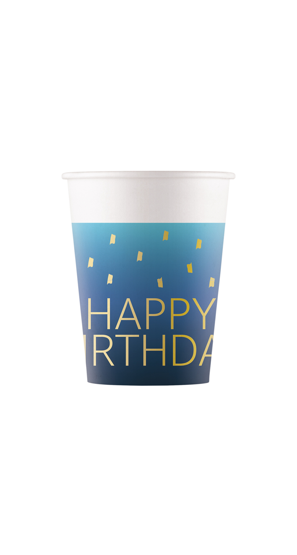 Golden Happy Birthday Blue FSC Paper Cups 200ml - 8pk