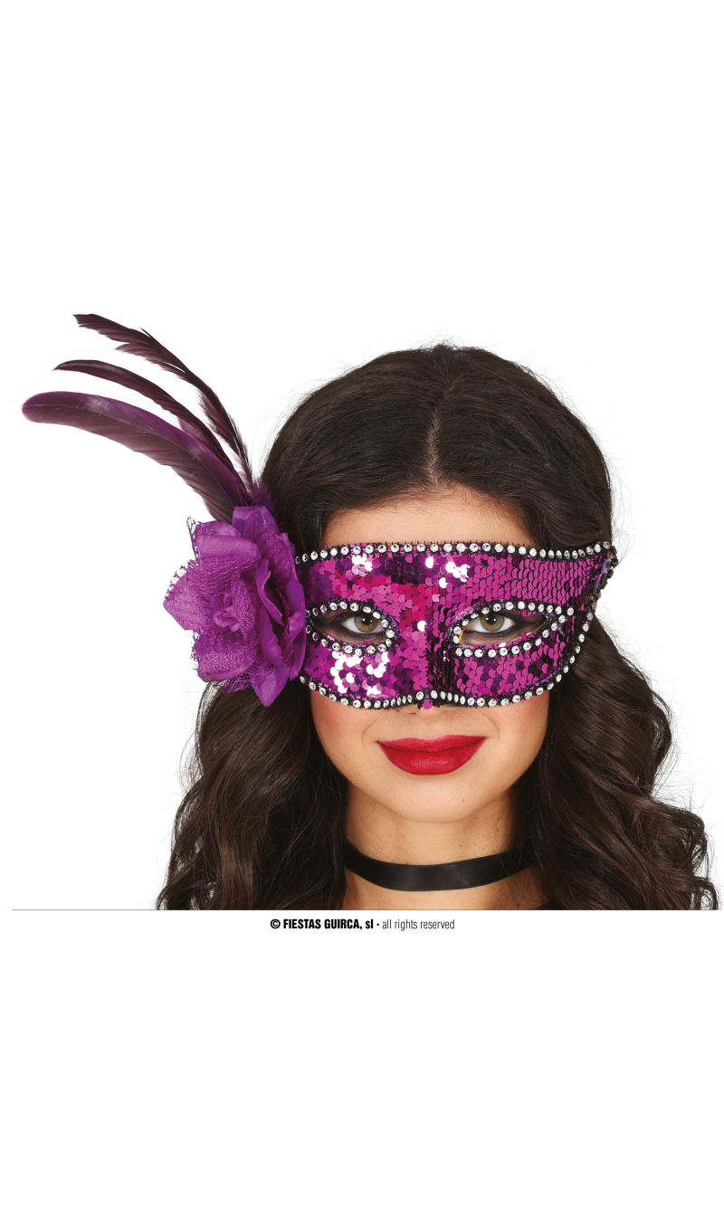 Purple Sequined Venetian Mask With Feather - Adult One Size