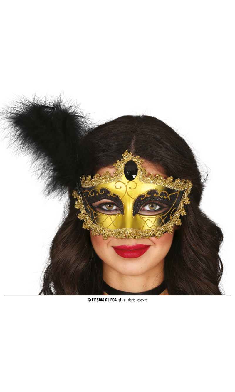 Gold & Black Venetian Mask With Feather - Adult One Size