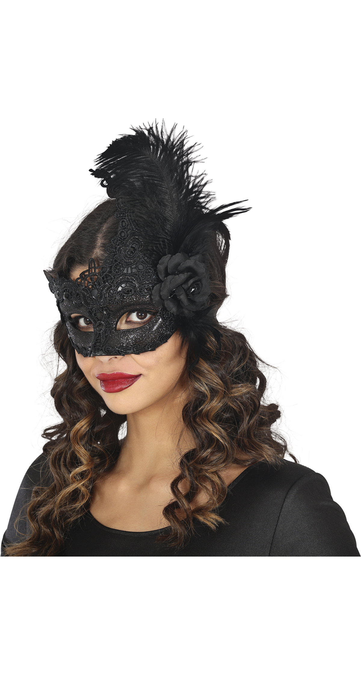Deluxe Venetian Black Mask With Feathers - Adult One Size