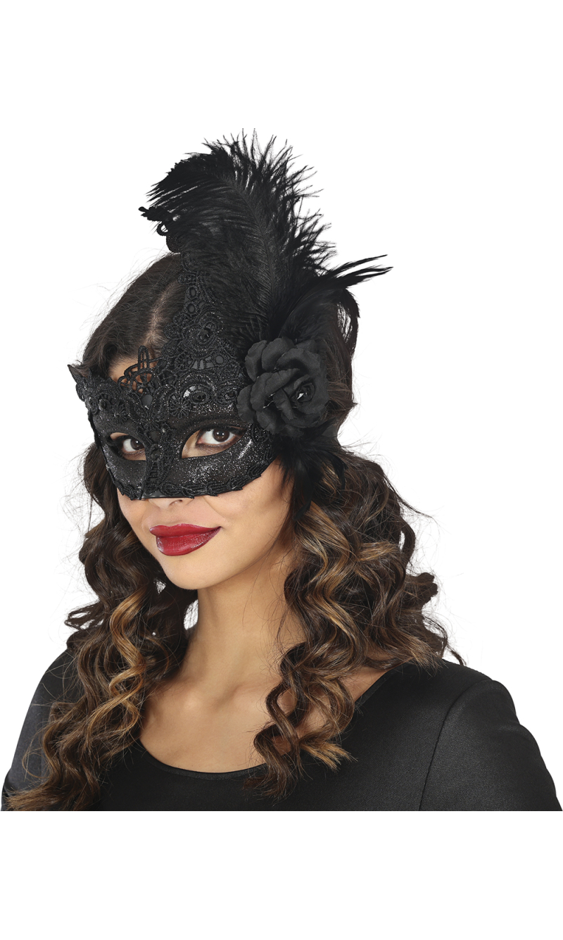 Deluxe Venetian Black Mask With Feathers - Adult One Size