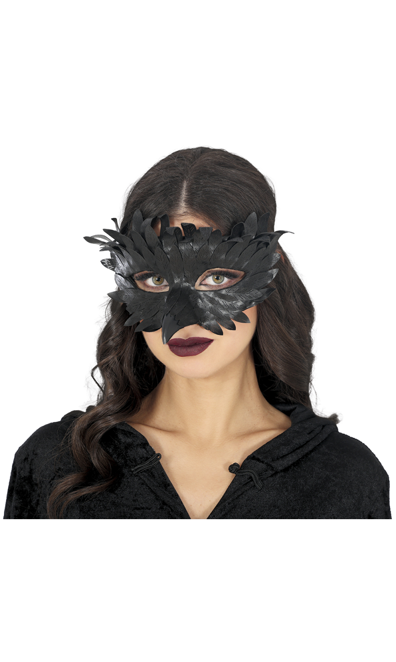 Black Feather Mask With Black Beak - Adult One Size