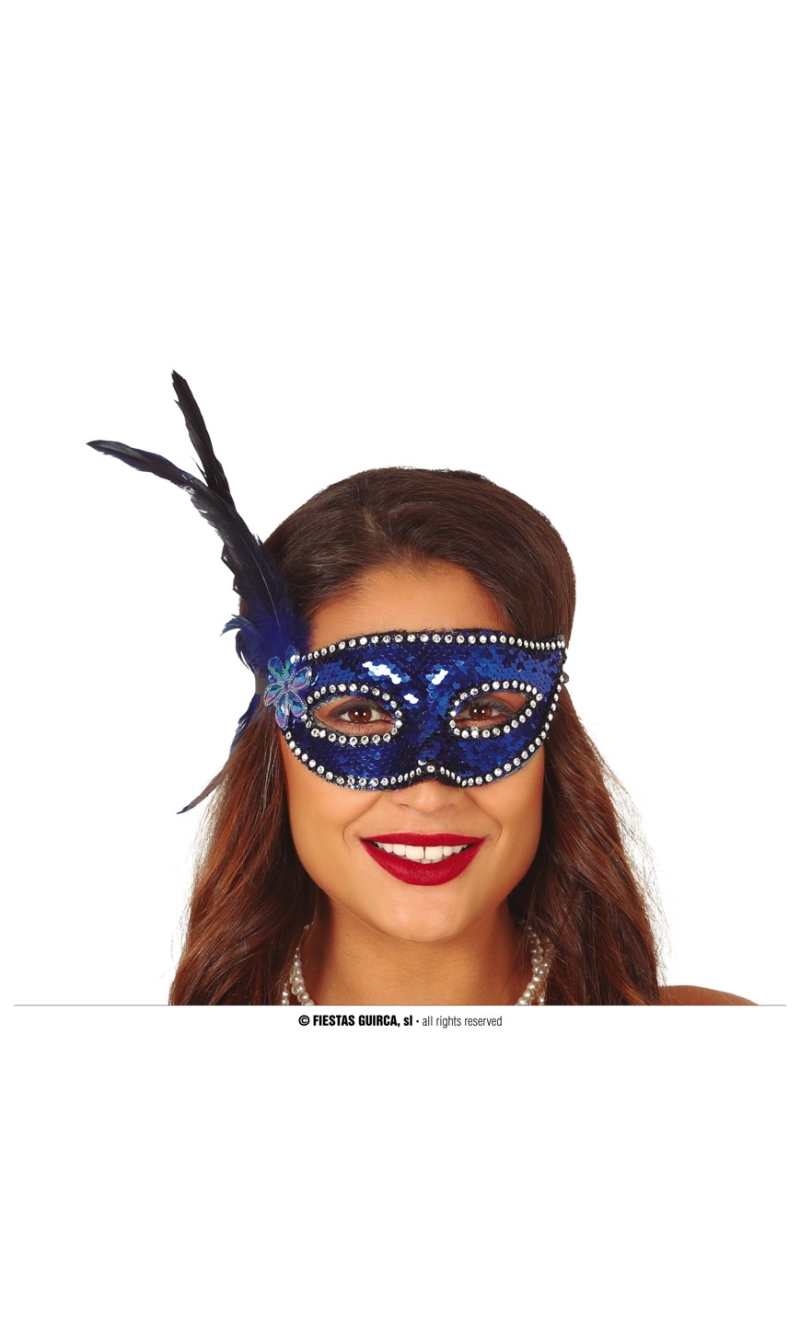 Blue Sequins Venetian Mask With Feathers - Adult One Size