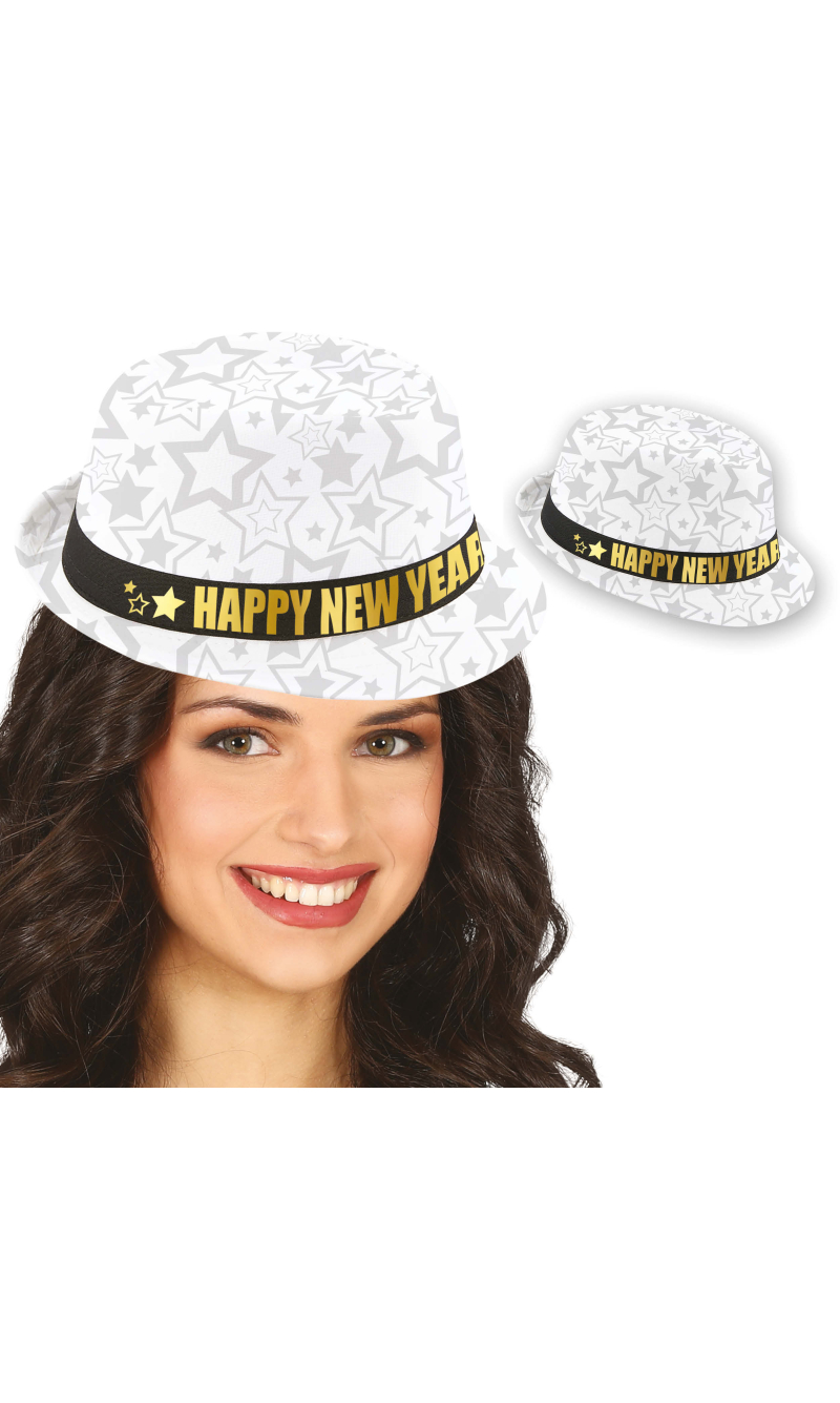 Happy New Year White Gangster Hat - Adult One Size