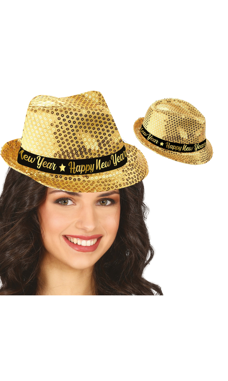 Happy New Year Gold Sequins Gangster Hat - Adult One Size